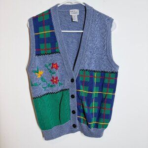 Vintage 80s 90s Napa Valley Patchwork blue, green, red Floral Sweater Vest S